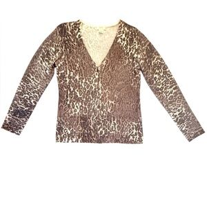 Neiman Marcus 100% Cashmere Leopard Print V-neck Cardigan Size Large MSRP $325
